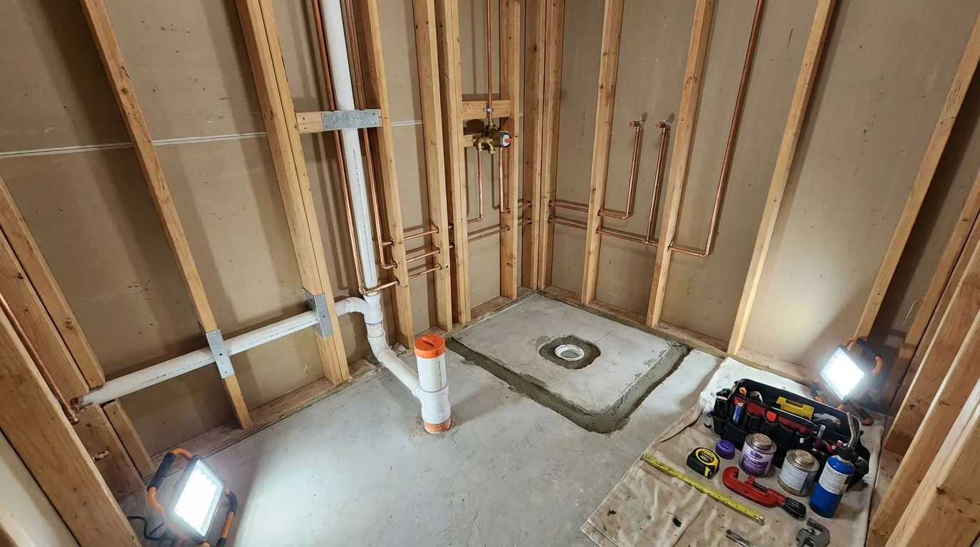Bathroom rough-in plumbing during remodel by Johns Plumbing LLC in Tripoli