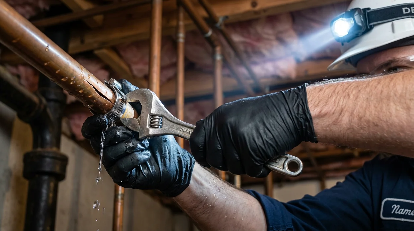 Emergency pipe clamp repair being performed by a Johns Plumbing LLC plumber in Tripoli