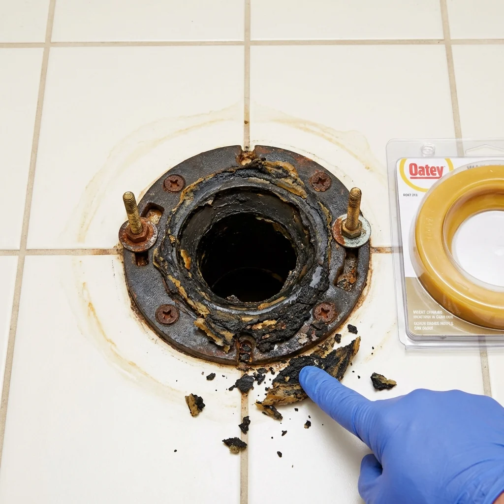 Failed wax ring showing water seepage at the base of a toilet in a Tripoli, IA home