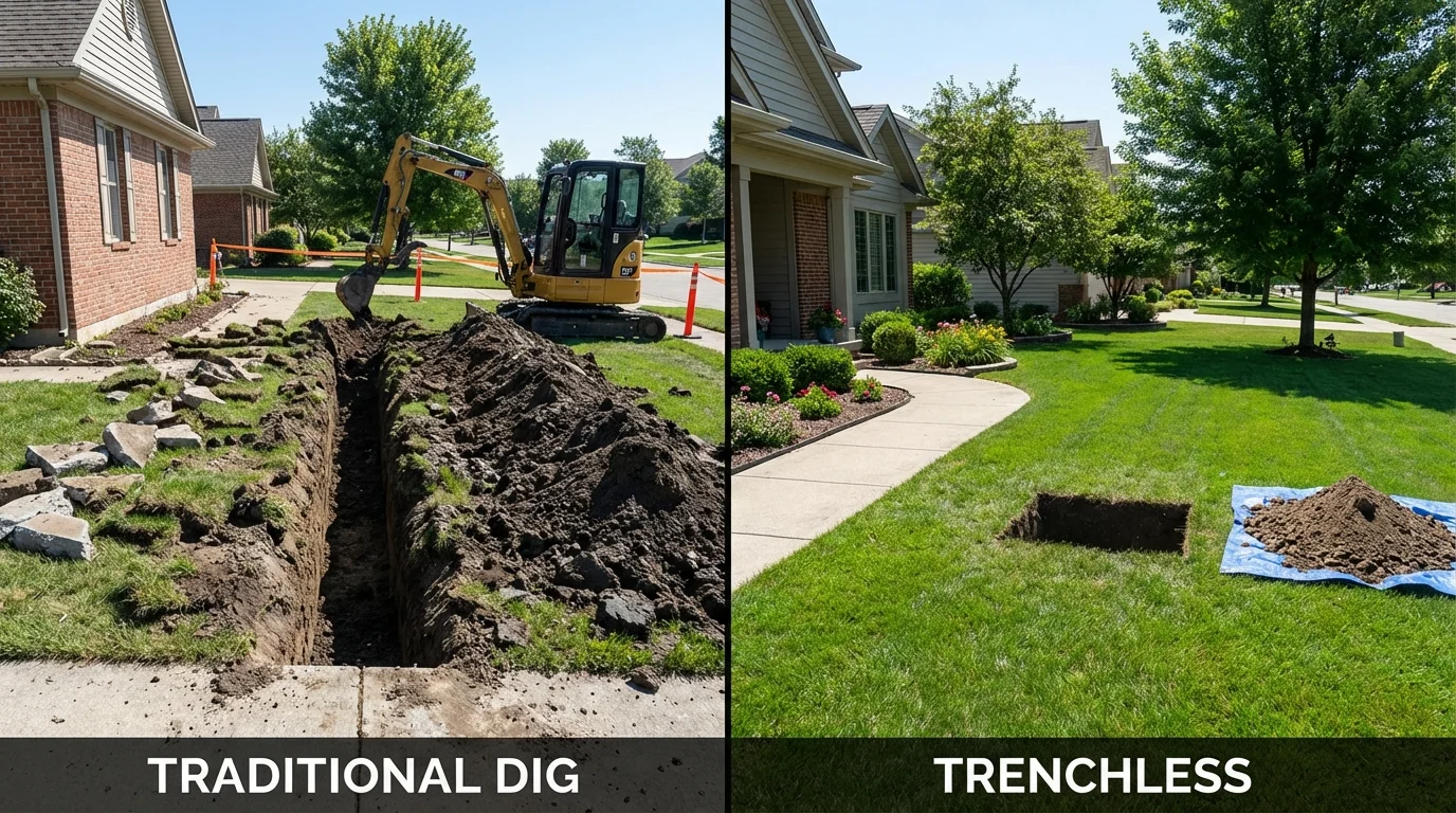 Trenchless sewer repair with minimal yard damage versus traditional excavation in Tripoli, IA