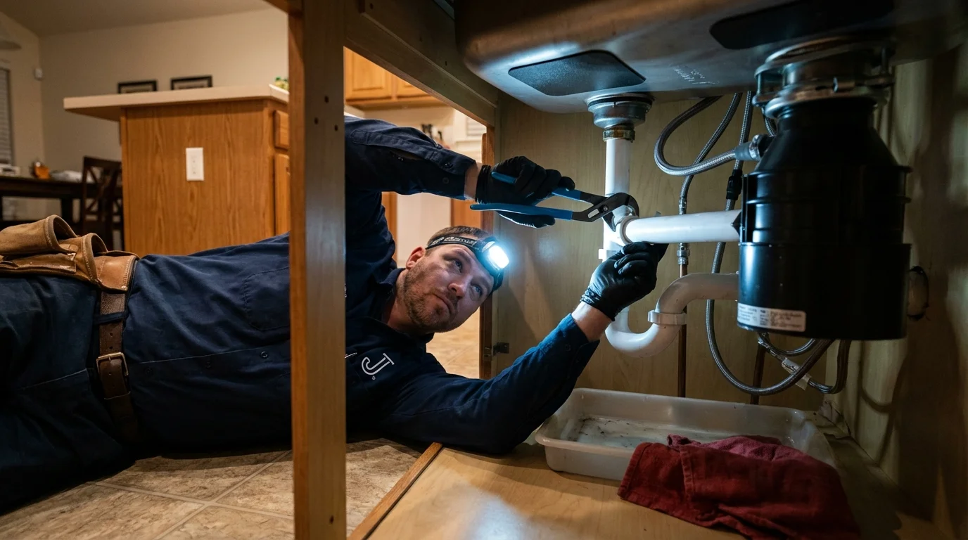 P-trap and supply line connections under a kitchen sink showing a common leak point in Tripoli, IA